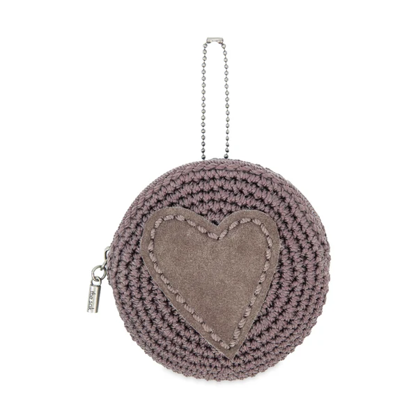 Circle Coin Pouch - Hand Crochet - Mushroom Suede Heart Circle Coin Pouch - Hand Crochet - Mushroom Suede Heart