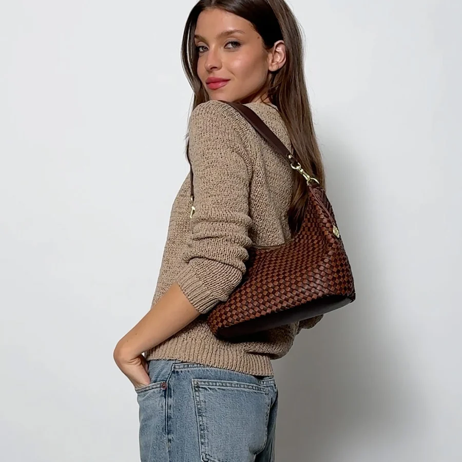 The Sak Juniper Small Hobo - Leather - Woven Mahogany Cognac