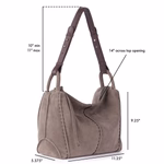 Mushroom suede hobo bag with dual handles and structured bottom, measuring 11.25" wide by 9.25" tall.